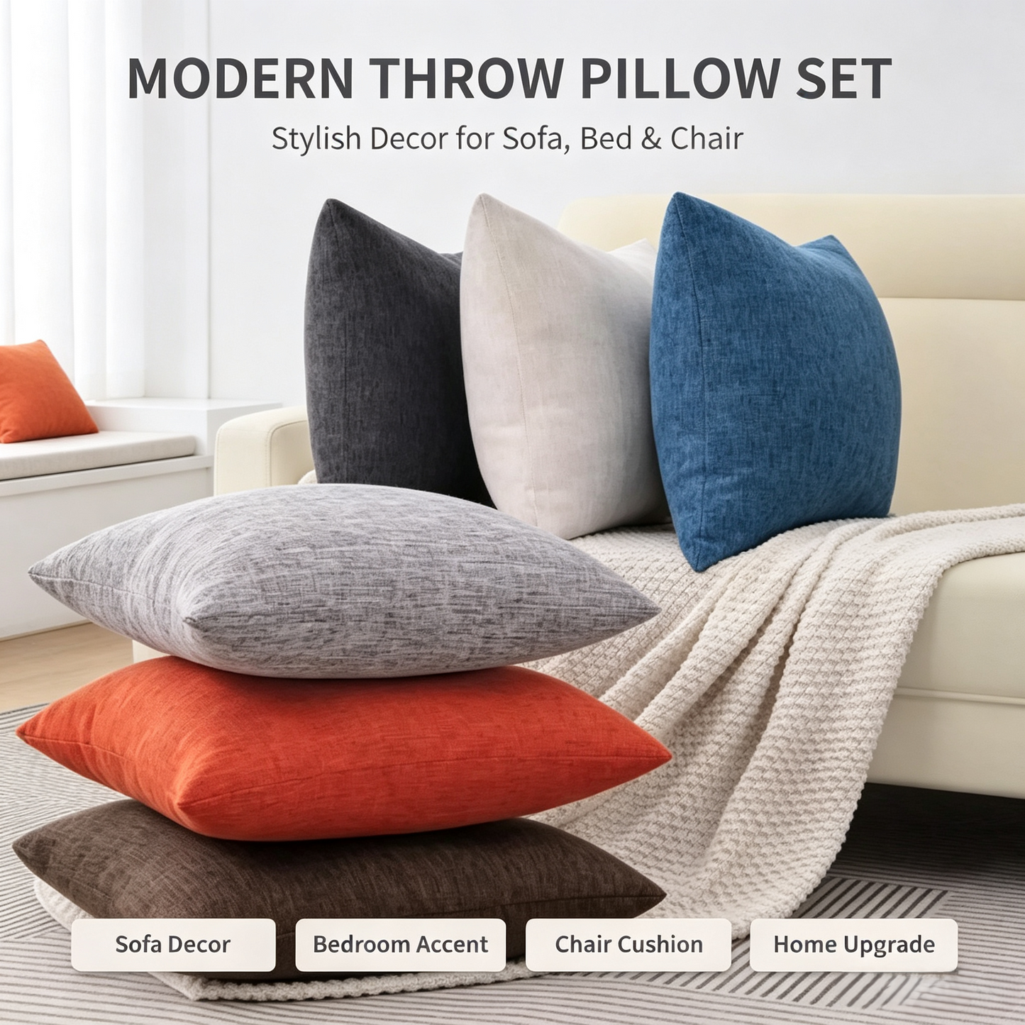 Linen‑Textured Throw Pillow, Soft PP Cotton Filled Decorative Cushion with Hidden Zipper for Sofa Couch Home Decor