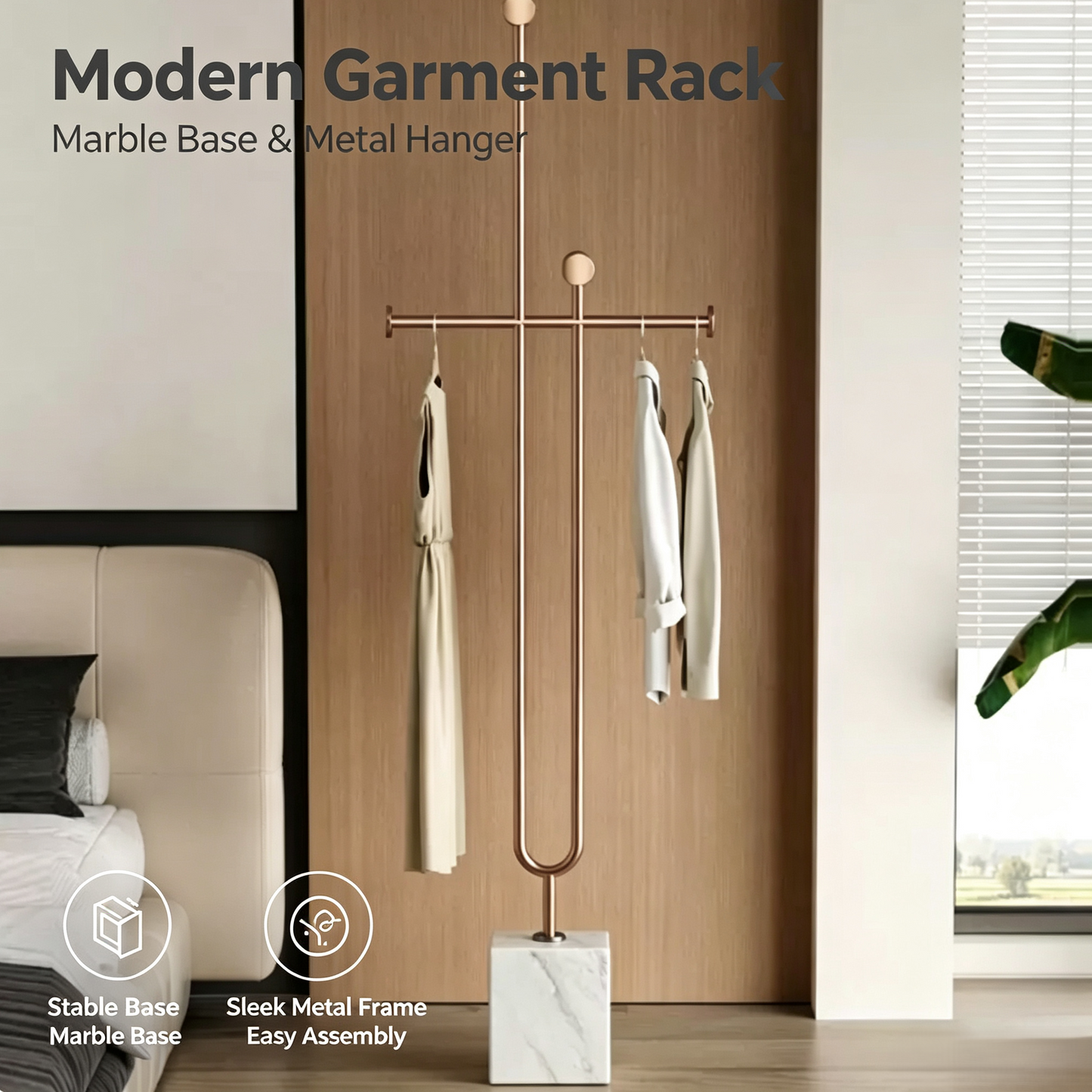 Modern Freestanding Garment Rack, Metal Clothing Hanger Stand with Solid Marble Base for Bedroom Entryway