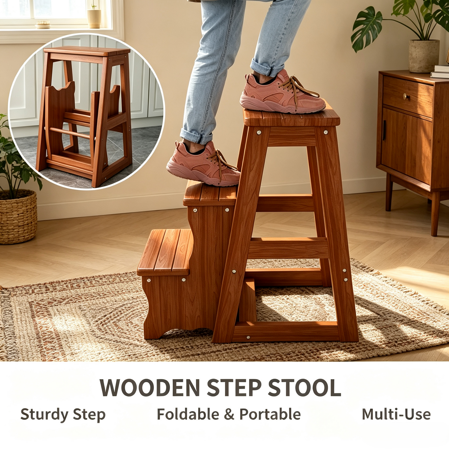 Foldable Wooden Step Stool, 3‑Tier Multi‑Use Step Ladder for Home & Kitchen
