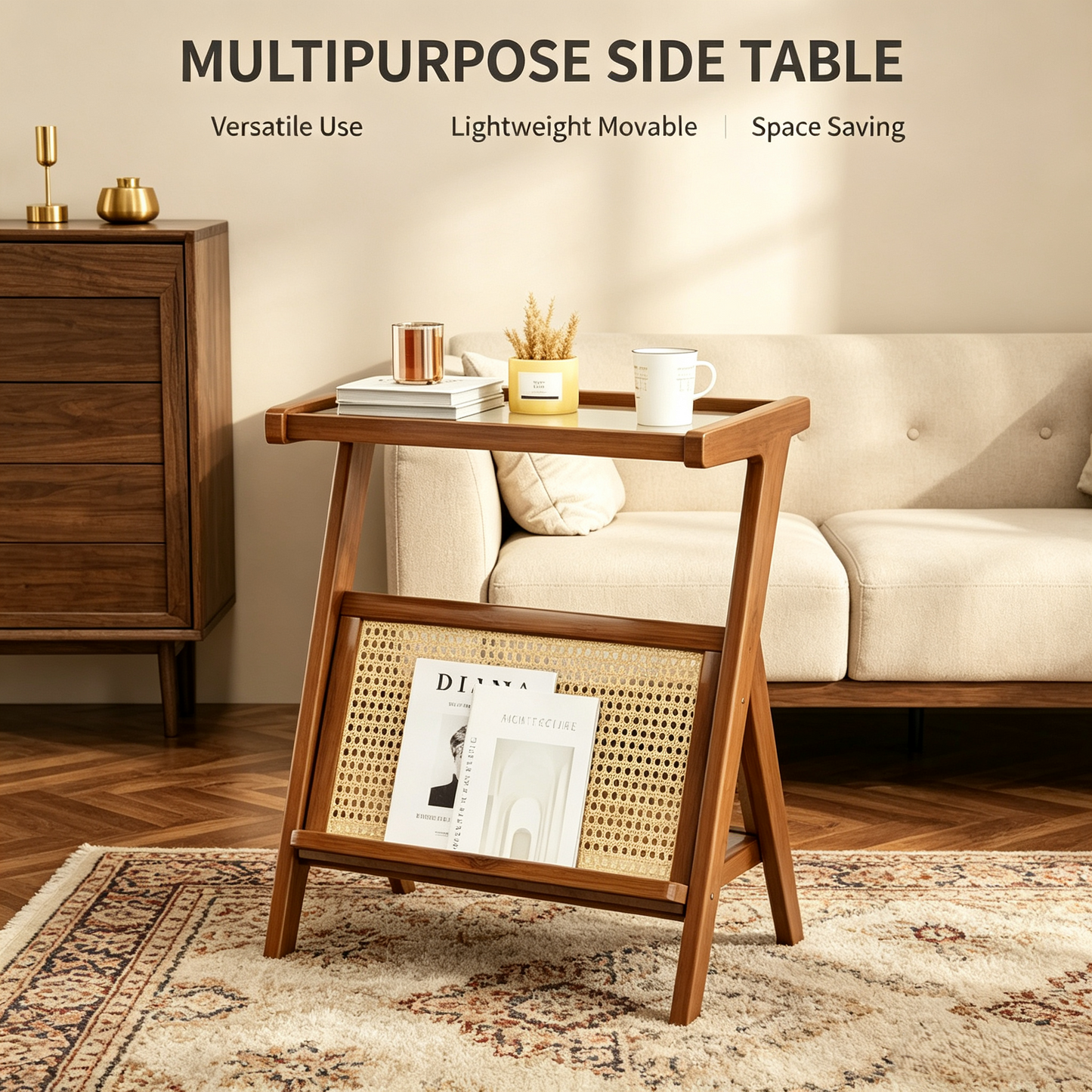 Multipurpose Rattan Side Table, Removable Tray Top End Table for Living Room