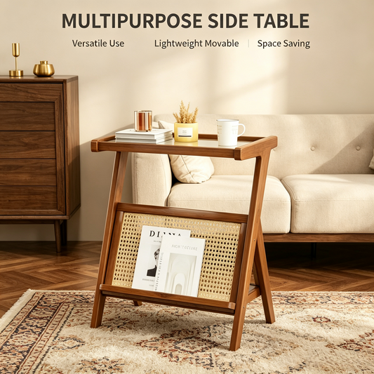 Multipurpose Rattan Side Table, Removable Tray Top End Table for Living Room