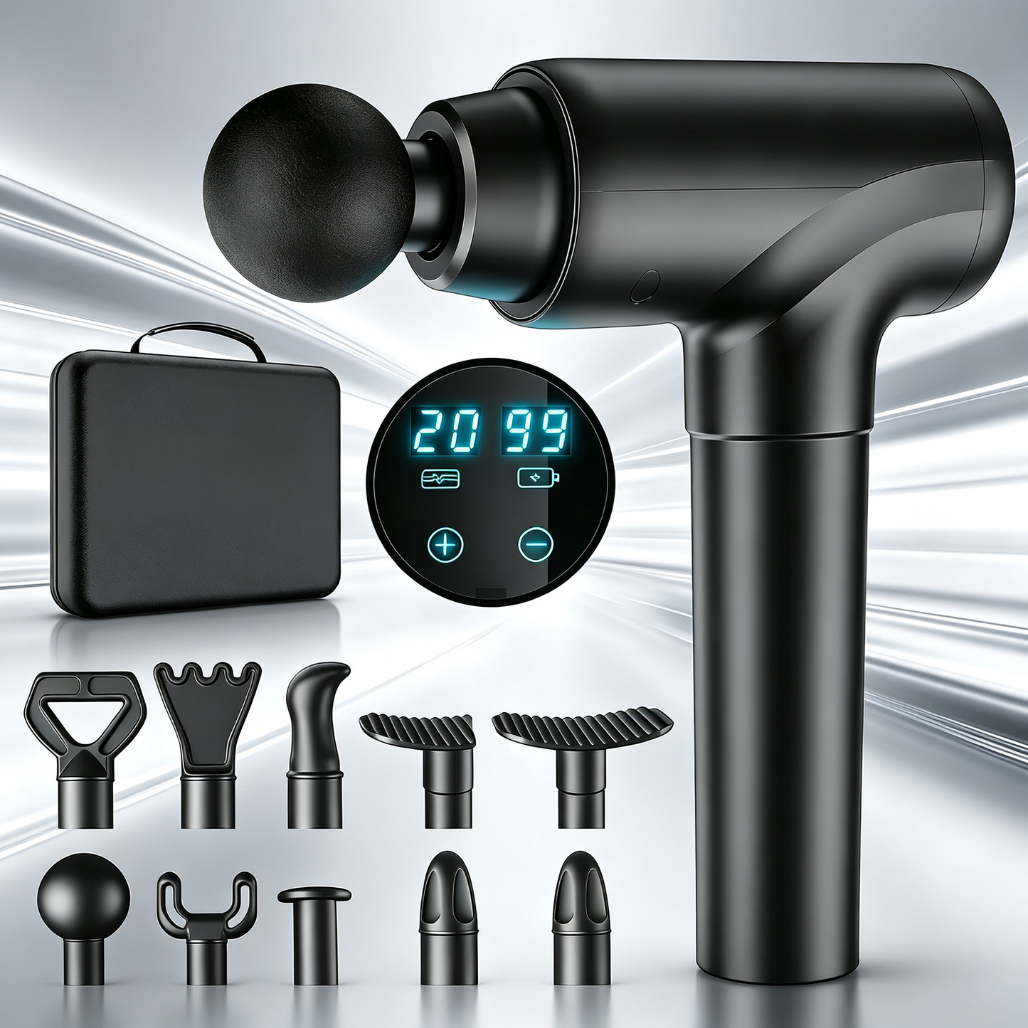 Deep Tissue Massage Gun for Athletes - Quiet Percussion Massager, 10 Heads, Black
