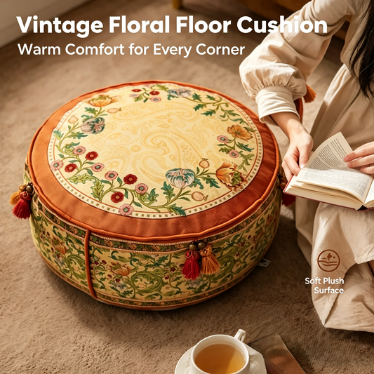 Vintage Floral Round Floor Cushion, Soft Plush Pouf Pillow with Tassel Decor for Home Seating