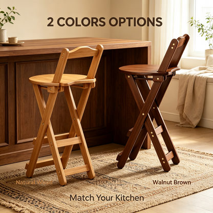 Foldable Wooden Bar Stool with Backrest, Counter Height Folding High Chair for Home Kitchen