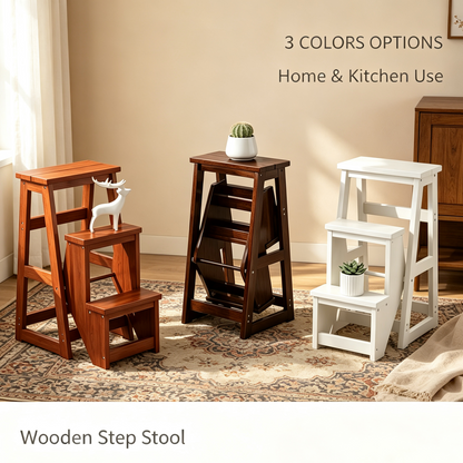 Foldable Wooden Step Stool, 3‑Tier Multi‑Use Step Ladder for Home &amp; Kitchen