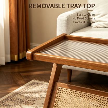 Multipurpose Rattan Side Table, Removable Tray Top End Table for Living Room