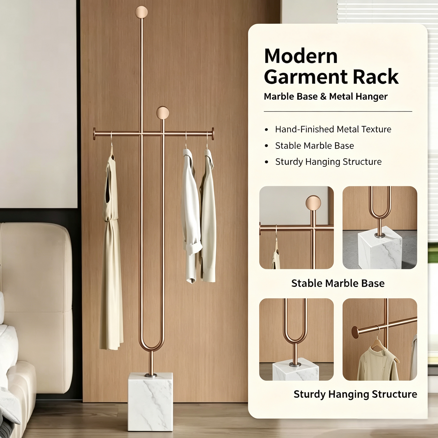 Modern Freestanding Garment Rack, Metal Clothing Hanger Stand with Solid Marble Base for Bedroom Entryway