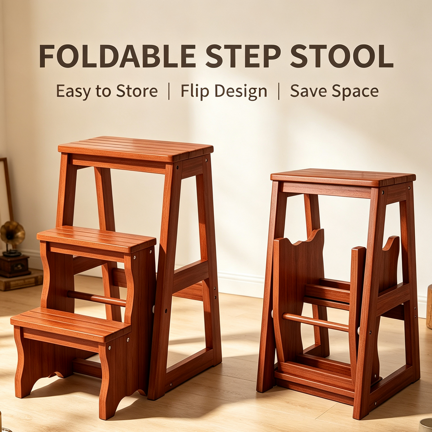 Foldable Wooden Step Stool, 3‑Tier Multi‑Use Step Ladder for Home &amp; Kitchen