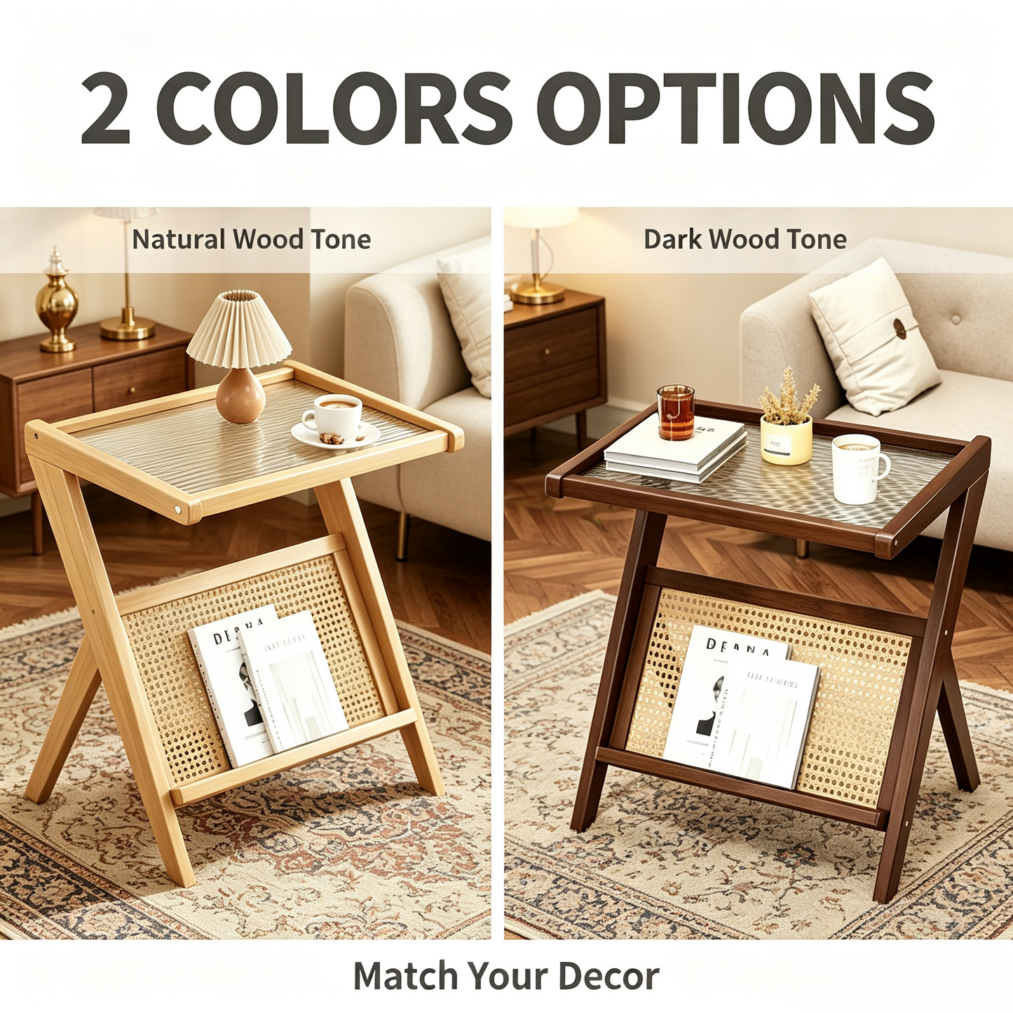 Multipurpose Rattan Side Table, Removable Tray Top End Table for Living Room