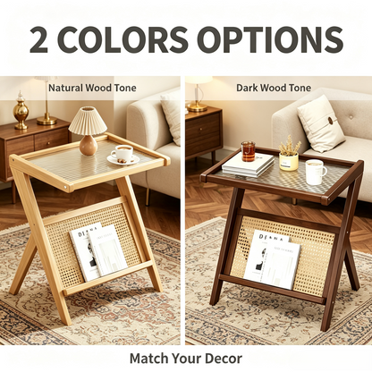 Multipurpose Rattan Side Table, Removable Tray Top End Table for Living Room