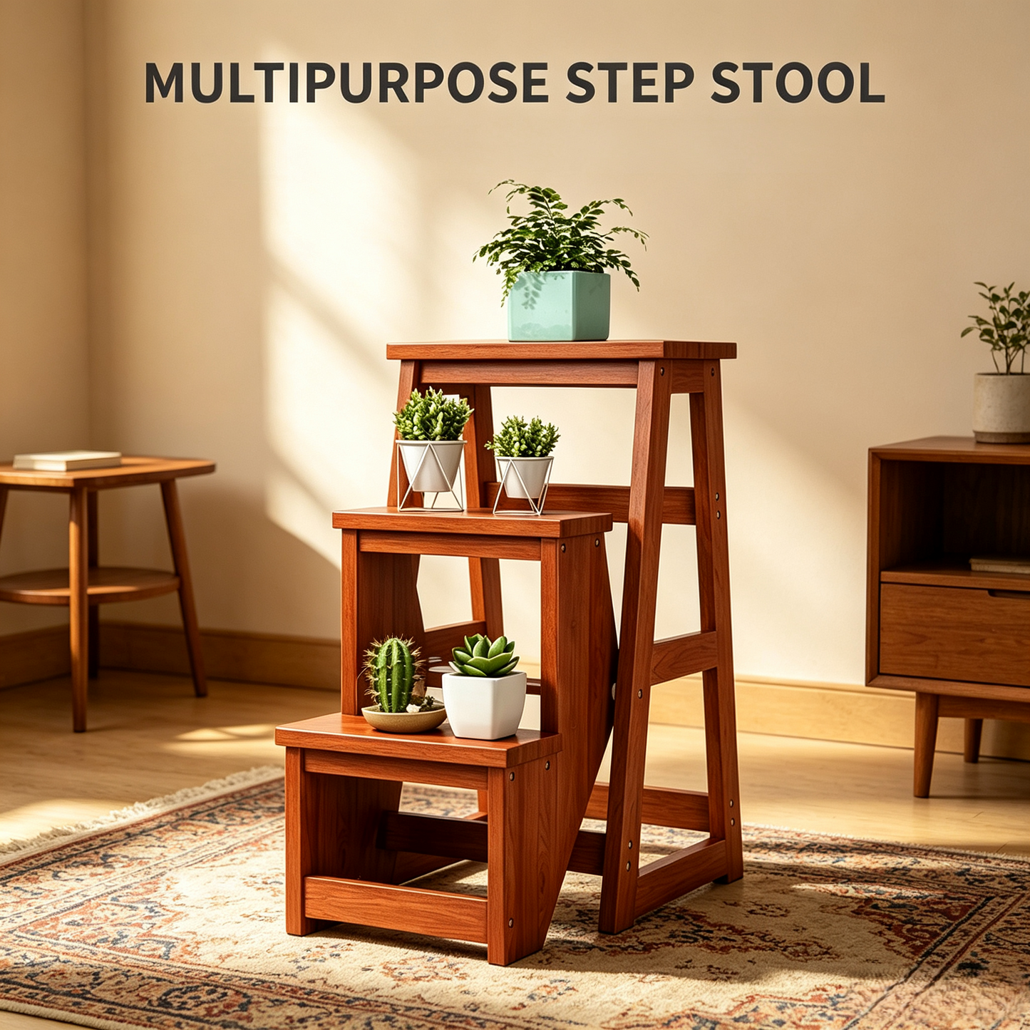 Foldable Wooden Step Stool, 3‑Tier Multi‑Use Step Ladder for Home &amp; Kitchen
