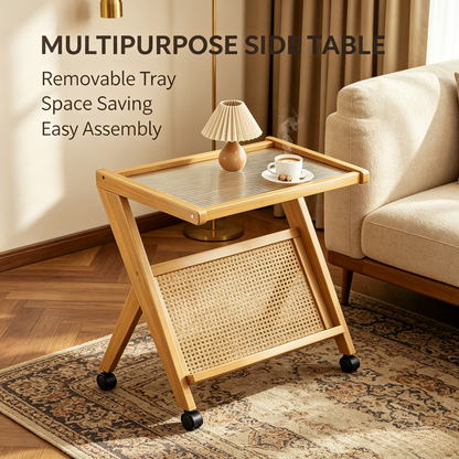 Multipurpose Rattan Side Table, Removable Tray Top End Table for Living Room
