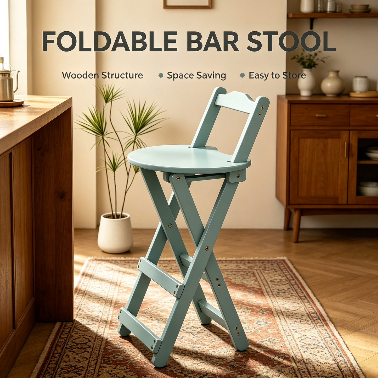 Foldable Wooden Bar Stool with Backrest, Counter Height Folding High Chair for Home Kitchen