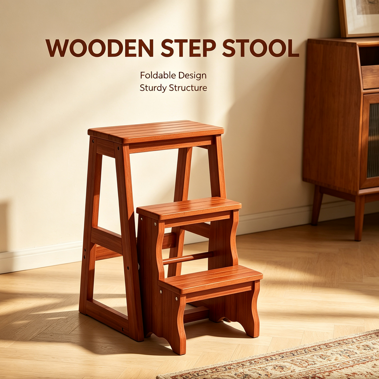 Foldable Wooden Step Stool, 3‑Tier Multi‑Use Step Ladder for Home &amp; Kitchen