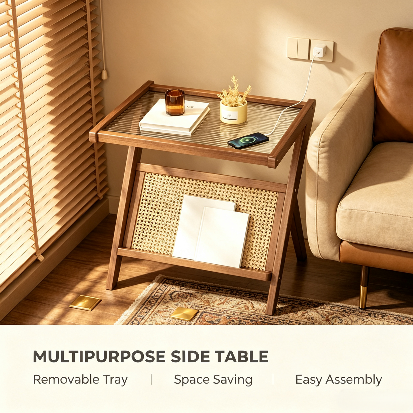 Multipurpose Rattan Side Table, Removable Tray Top End Table for Living Room