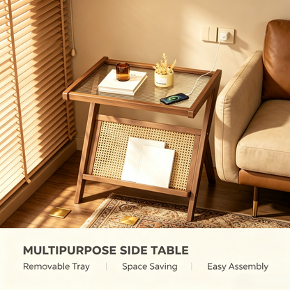 Multipurpose Rattan Side Table, Removable Tray Top End Table for Living Room