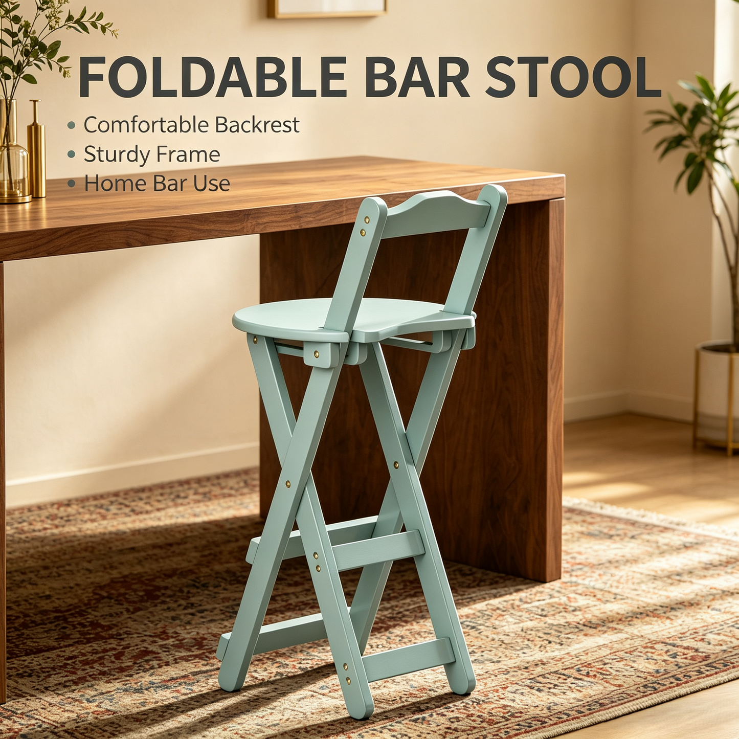 Foldable Wooden Bar Stool with Backrest, Counter Height Folding High Chair for Home Kitchen
