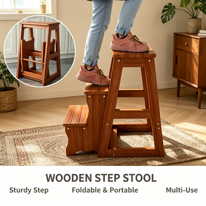 Foldable Wooden Step Stool, 3‑Tier Multi‑Use Step Ladder for Home &amp; Kitchen