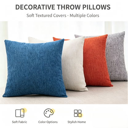 Linen‑Textured Throw Pillow, Soft PP Cotton Filled Decorative Cushion with Hidden Zipper for Sofa Couch Home Decor