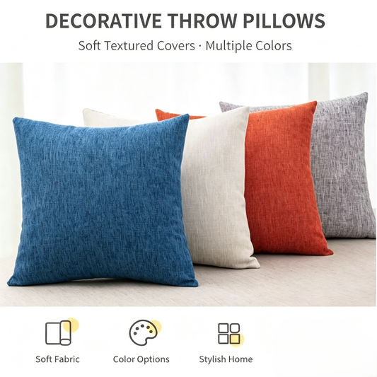 Linen‑Textured Throw Pillow, Soft PP Cotton Filled Decorative Cushion with Hidden Zipper for Sofa Couch Home Decor